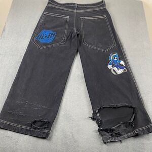 A-Lab Men 40x32 Baggy Skate Jeans Trashed Y2K  Black Embroidered Wide Leg